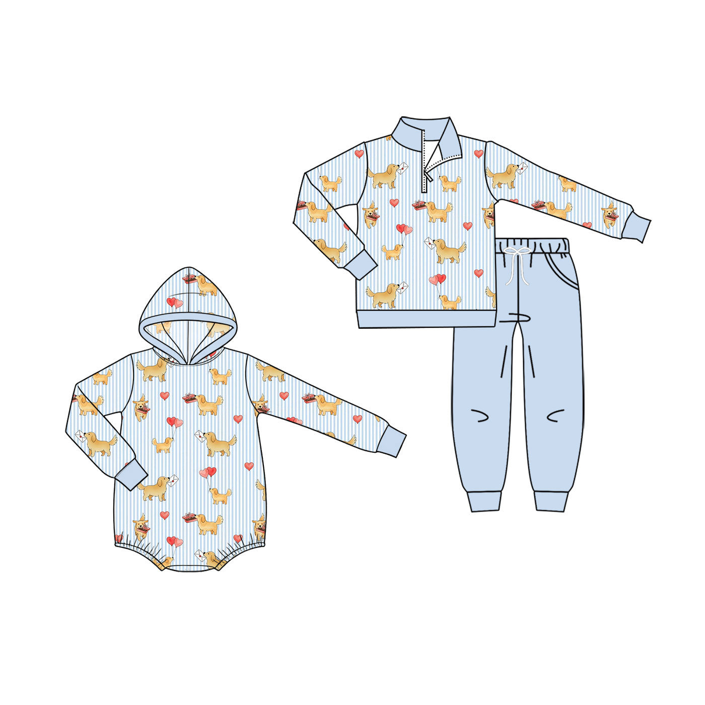 (Preorder new) No moq Baby Boys Blue Stripe Dogs Hearts Valentines Print Zip Pullover Pocket Top Matching Jogger Set Rompers