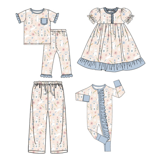 25.9.25 custom each style moq 8 eta 6-8week Sibling Sister bunny floral baby short sleeve pants sets and romper and dress and adult pants match design
