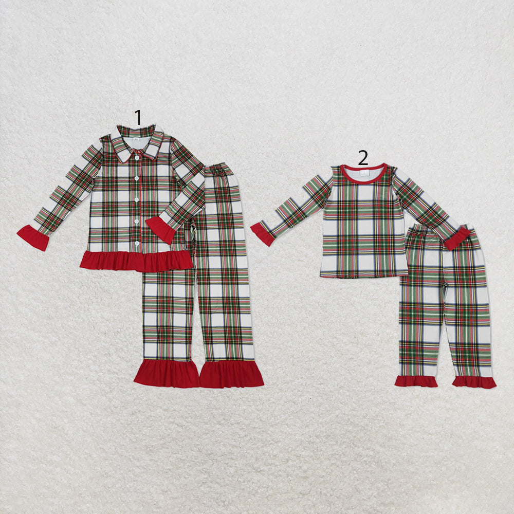 RTS NO MOQ milk silk Sibling Christmas Adult To Match Kids Green Red Check Long Sleeve Ruffle Hem Pants Christmas Pajama Set