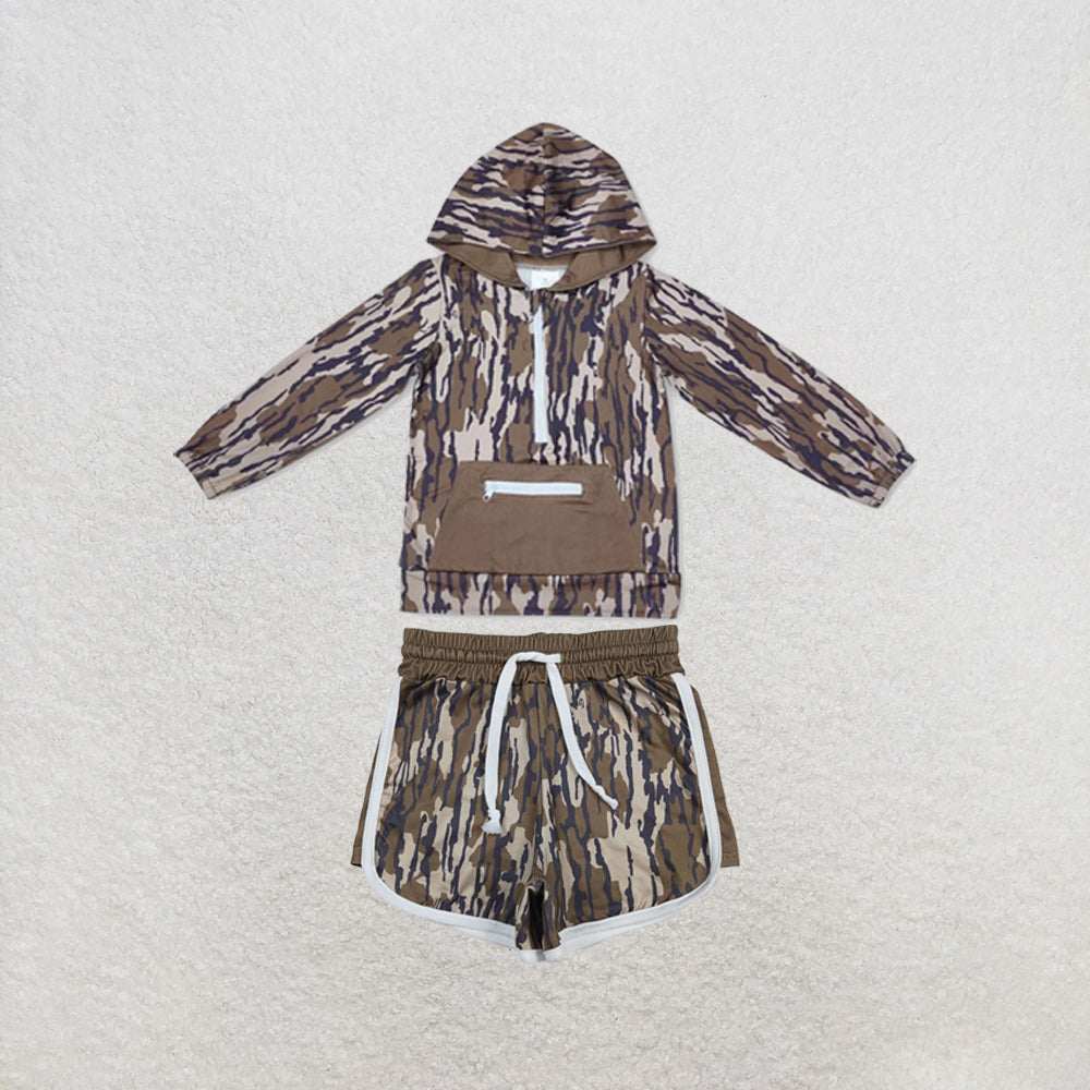 RTS NO MOQ Sibling milk silk Baby Boys Camo Hoodie Top Pocket Shorts Casual Outfit