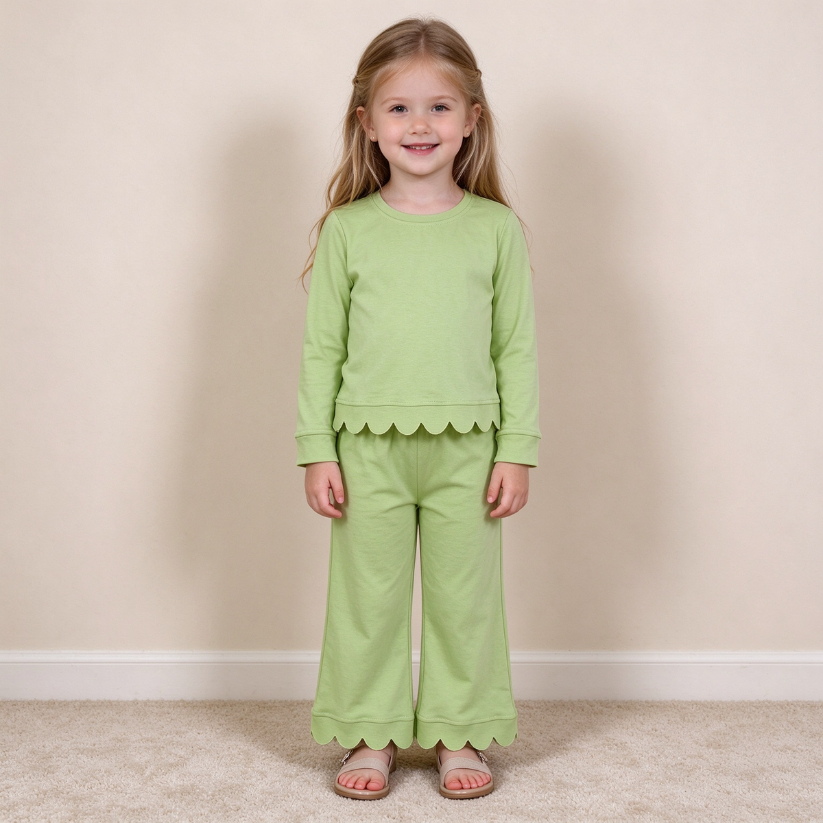 NEW RTS NO MOQ cotton GLP3296 Baby Girls Green Scallop Trim Long Sleeve Top And Pants Pajama Set