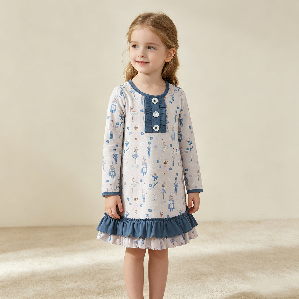NEW RTS NO MOQ milk silk GLD0874 Cute Clothes Baby Girls Christmas Blue Print Long Sleeve Knee Length Dress