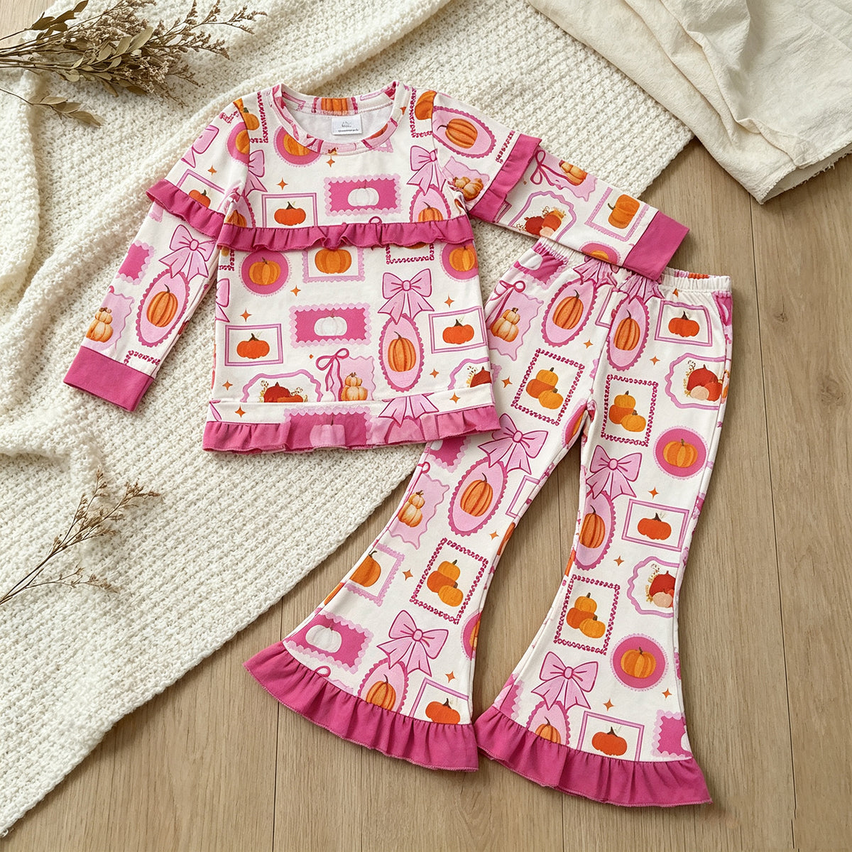 NEW RTS NO MOQ milk silk GLP3504 Baby Girls Pumpkin Plaid Print Bow Long Sleeve Top Pants Set