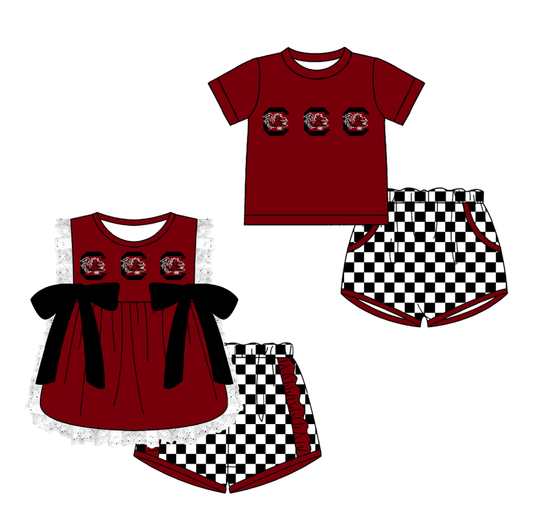 Custom moq 5 mix size milk silk summer teams Red  Girl Sleeveless Top And Plaid Shorts Set with Bow Boy Short Sleeved Top And Plaid Shorts Set