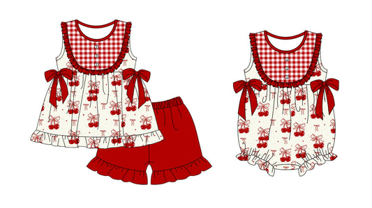 11.19 custom each style moq 5eta 4-6week Sibling Sister cherry baby girl short sleeve shorts sets and rompers match design