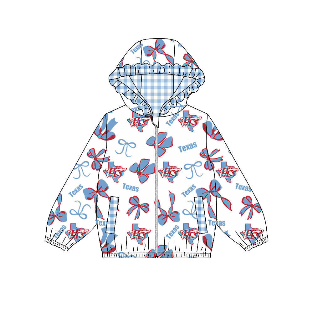 custom moq 5 mix size MSD072903 Baby Girls Bow Print Long Sleeve Zipper Hooded Team Jacket Top
