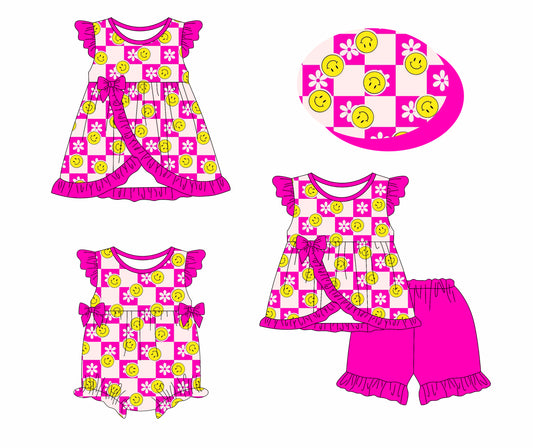 3.27 custom each style moq 5eta 4-6week Sibling Sisters smiley floral rose red baby girl short sleeve shorts sets and dress and rompers match family design