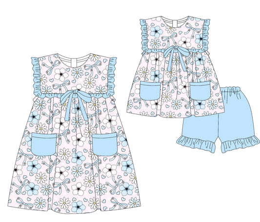 3.29 custom each style moq 5eta 4-6week Sibling Sister floral bow baby girl short sleeve shorts sets and dresses match design