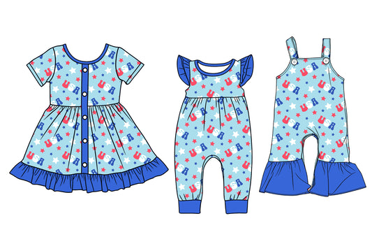 Custom moq 5 mix size Sibling Blue Short-Sleeved Dress Romper Overalls Jumpsuits for Baby Girl Cute Outfit for Infants