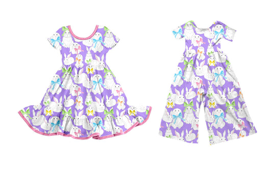 25.9.27 custom each style moq 8 eta 6-8week Sibling Sisters bunny bow baby girl long sleeve dress and jumpsuit match family design