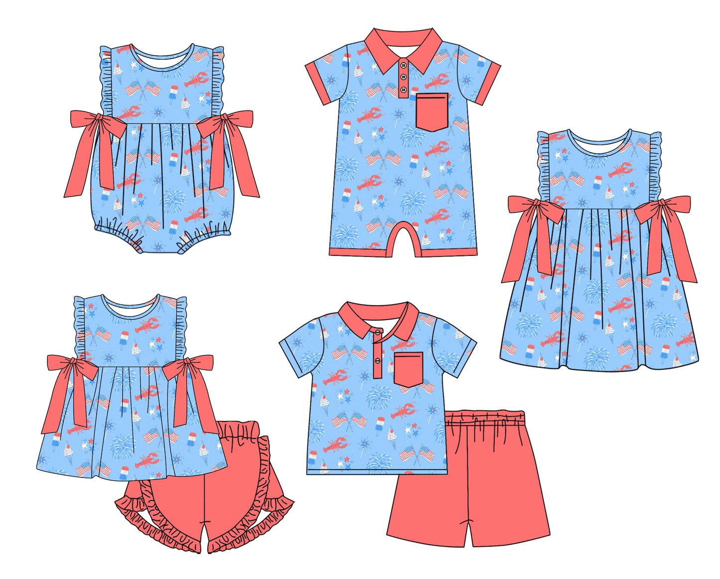 11.22 custom each style moq 5eta 4-6week Sibling Sister crayfish national flag baby girl short sleeve shorts sets and sets 2 and girls romper and boy romper and dress match design
