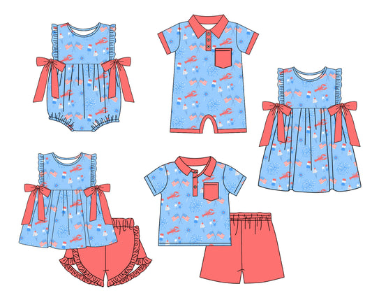 11.22 custom each style moq 5eta 4-6week Sibling Sister crayfish national flag baby girl short sleeve shorts sets and sets 2 and girls romper and boy romper and dress match design