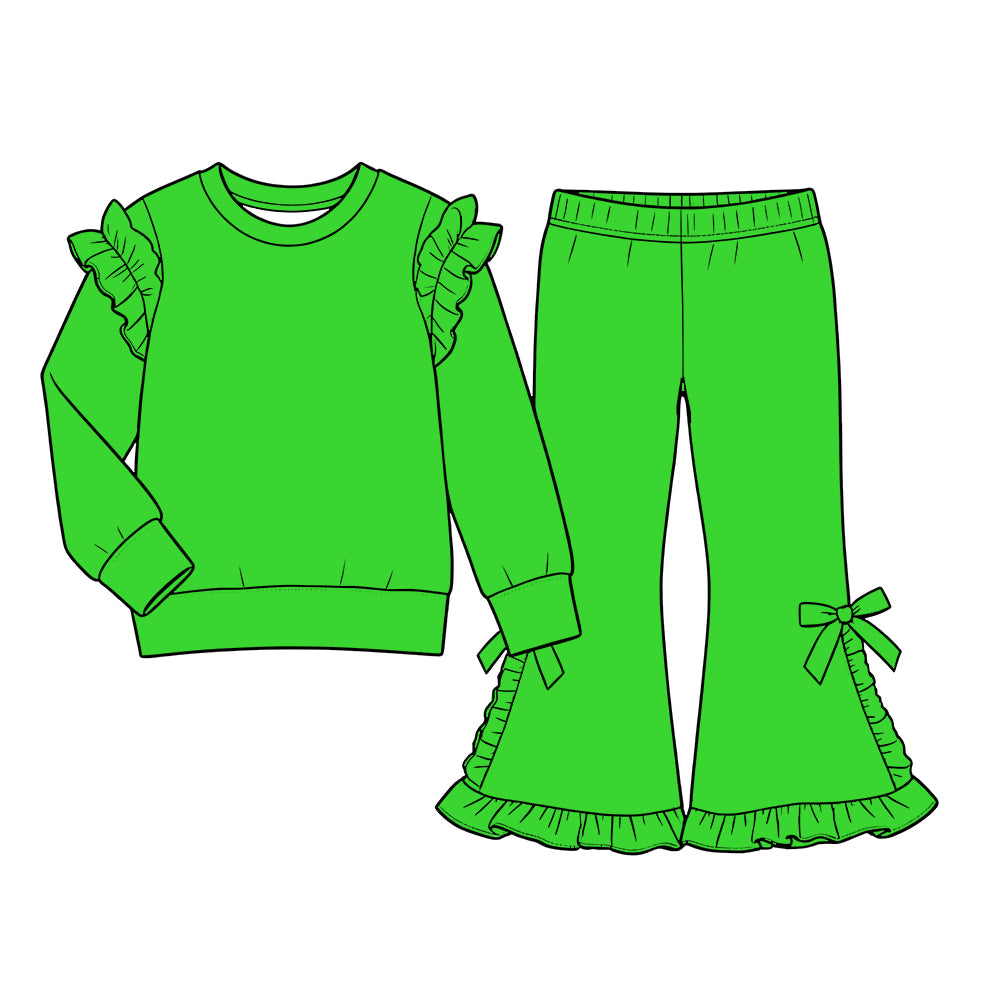Custom moq 5  cotton fabric girls ruffle sets  solid color blank  Green Long-Sleeve Sweatshirt with Lace Trim and Flared Pants Set with Side Bows