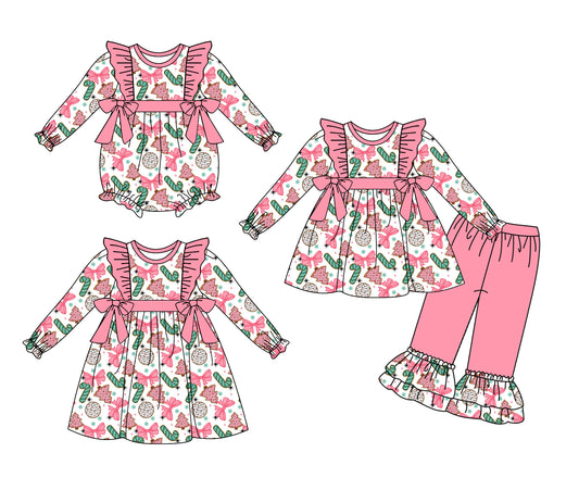 25.5.8 custom each style moq 5eta 4-6week Sibling Sisters Christmas bow pink baby girl long sleeve pants sets and dress and rompers match family design