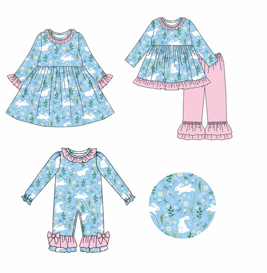 25.9.4 custom each style moq 5eta 4-6week Sibling Sisters rabbit floral baby girl long sleeve pants sets and dress and rompers match family design