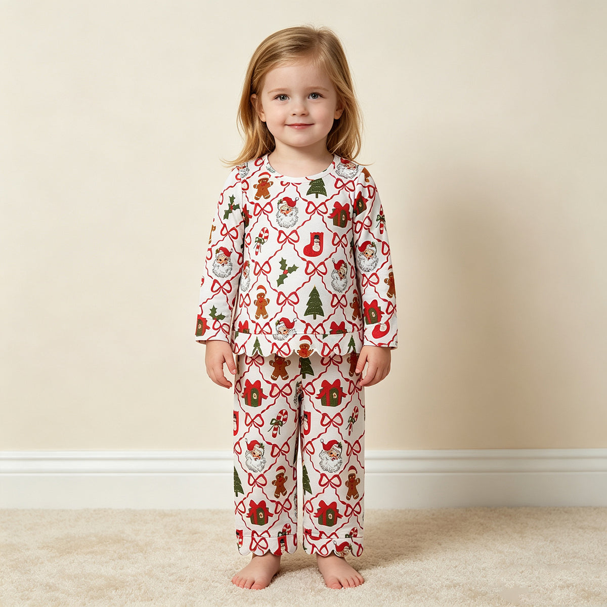 NEW RTS NO MOQ milk silk GLP3447 Baby Girls Santa Tree Plaid Bow Long Sleeve Top Flared Pants Sets