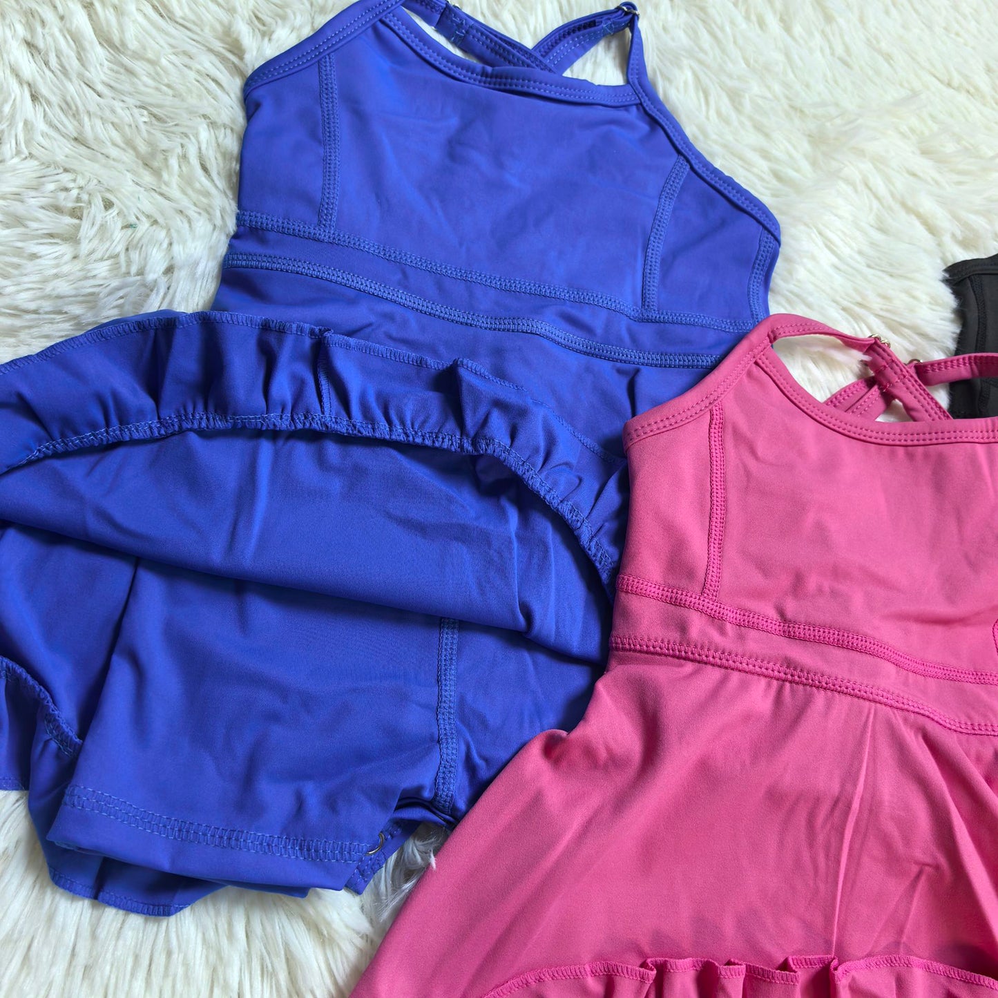 RTS NO MOQ Sibling Baby Girls Summer Solid Color Strap Yoga Shorts Ruffle Knee Length Dresses