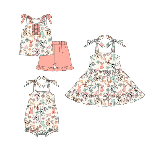 25.12.30 custom each style moq 5 eta 6-8week Sibling Sister bunny baby short sleeve shorts sets and romper and dress match design