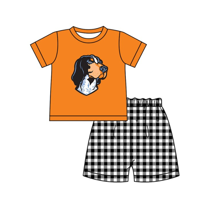 Custom moq 5 mix size milk silk summer teams baby girl boys clothes Orange Black and white checkered short sleeve shorts sets 3 and dress and rompers 2 series