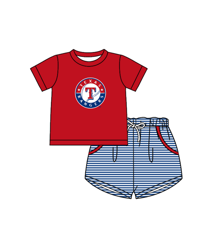 Custom moq 5 mix size milk silk summer teams Baby Boys And Girls Red Short-Sleeved Shirt And Shorts Set Matching Striped Rompers Outfit Set