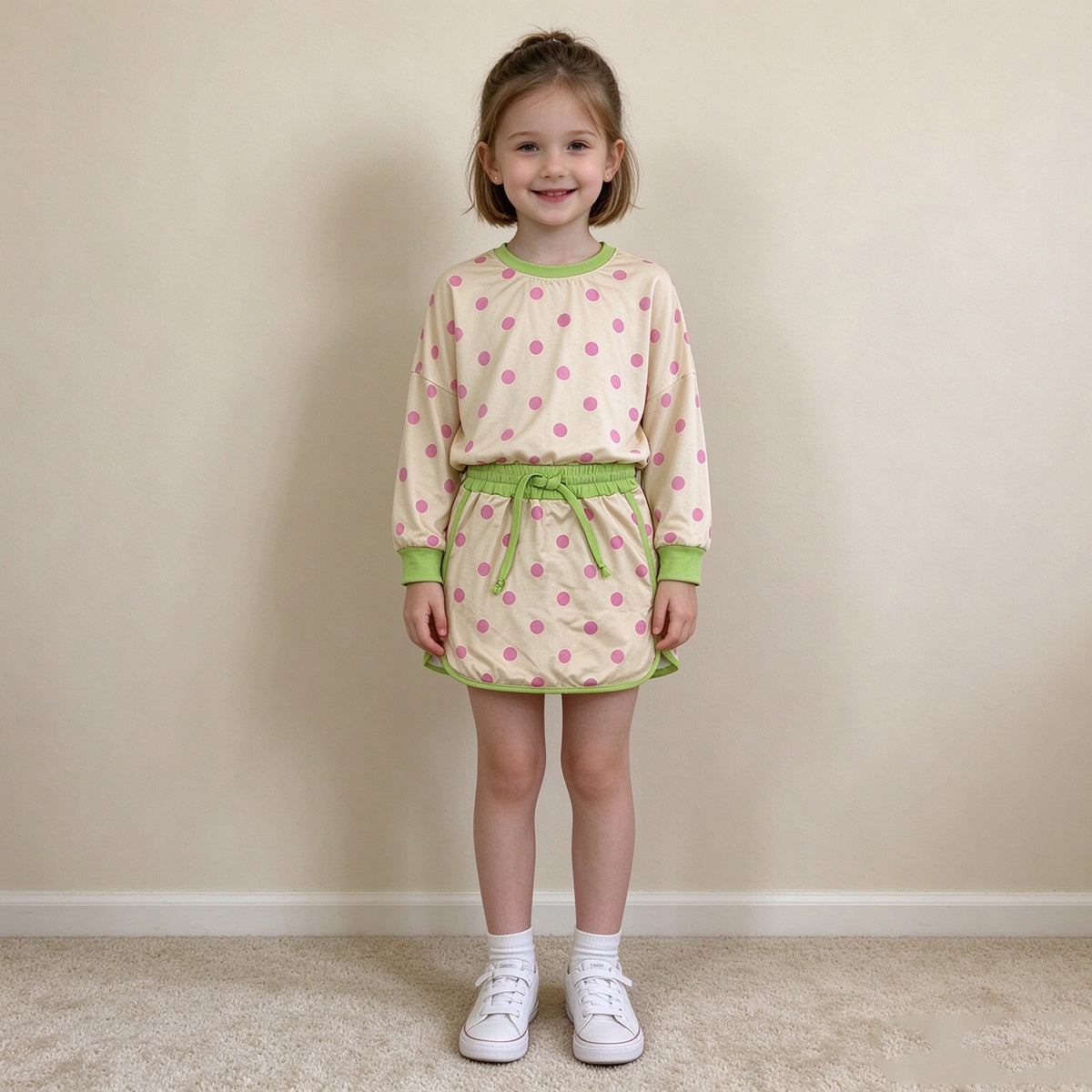 NEW RTS NO MOQ milk silk GLD1766 Baby Girls Yellow Polka Dot Long Sleeve Sweatshirt And Drawstring Skort Set