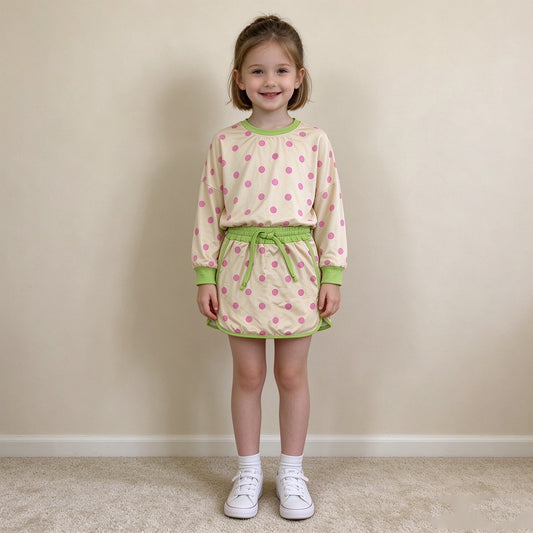 NEW RTS NO MOQ milk silk GLD1766 Baby Girls Yellow Polka Dot Long Sleeve Sweatshirt And Drawstring Skort Set