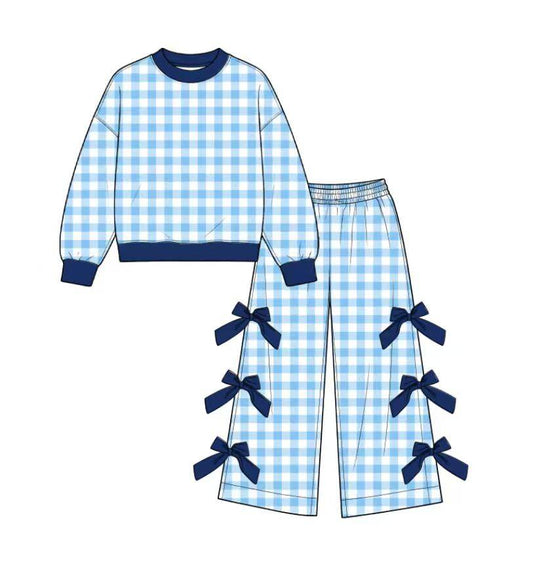 custom moq 5 mix size Toddler Girls Light Blue Long Sleeve Top And Bow Wide Leg Pants Outfit Set