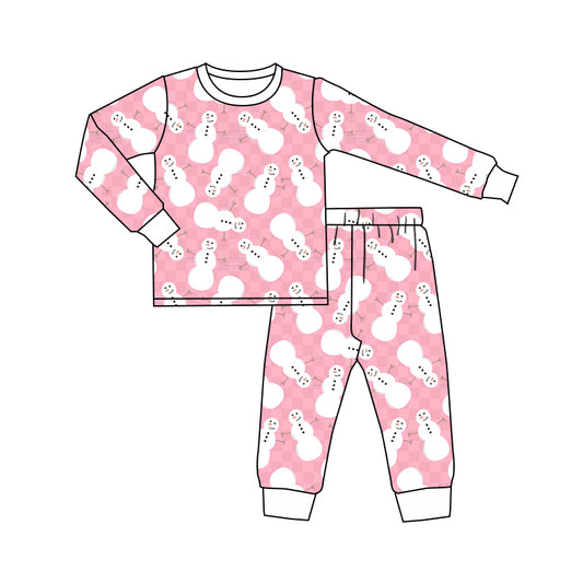 6.8 custom each style moq 5eta 4-6week Sibling Sister Christmas snow man pink baby girls pajamas sets and dress and baby romper match family design