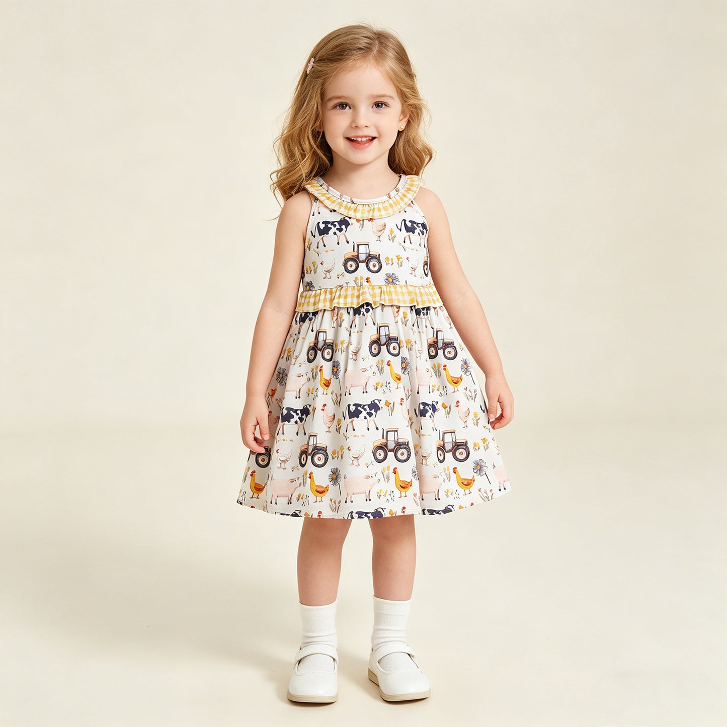 RTS NO MOQ GSD3476 milk silk Baby Girls Cute Sleeveless Cows Trucks Farm Knee Length Dresse