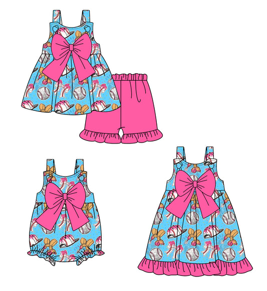 4.19 custom each style moq 5eta 4-6week Sibling Sisters baseball bow baby girl short sleeve shorts sets and dress and rompers match family design