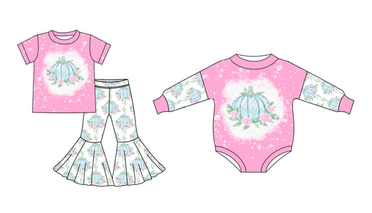 25.5.7 custom each style moq 5eta 4-6week Sibling Sister pumpkin bow floral baby boy short sleeve pants sets and rompers match family desigm