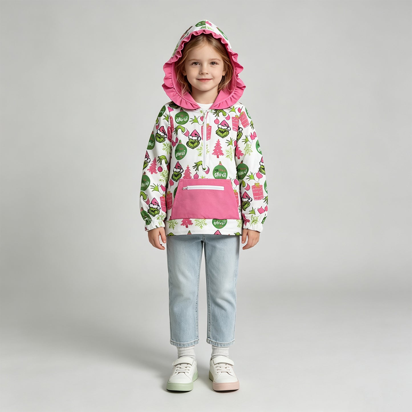NEW RTS NO MOQ milk silk GT1164 Cute Clothes Baby Girls Gift Print Pocket Zipper Up Christmas Hoodie Top