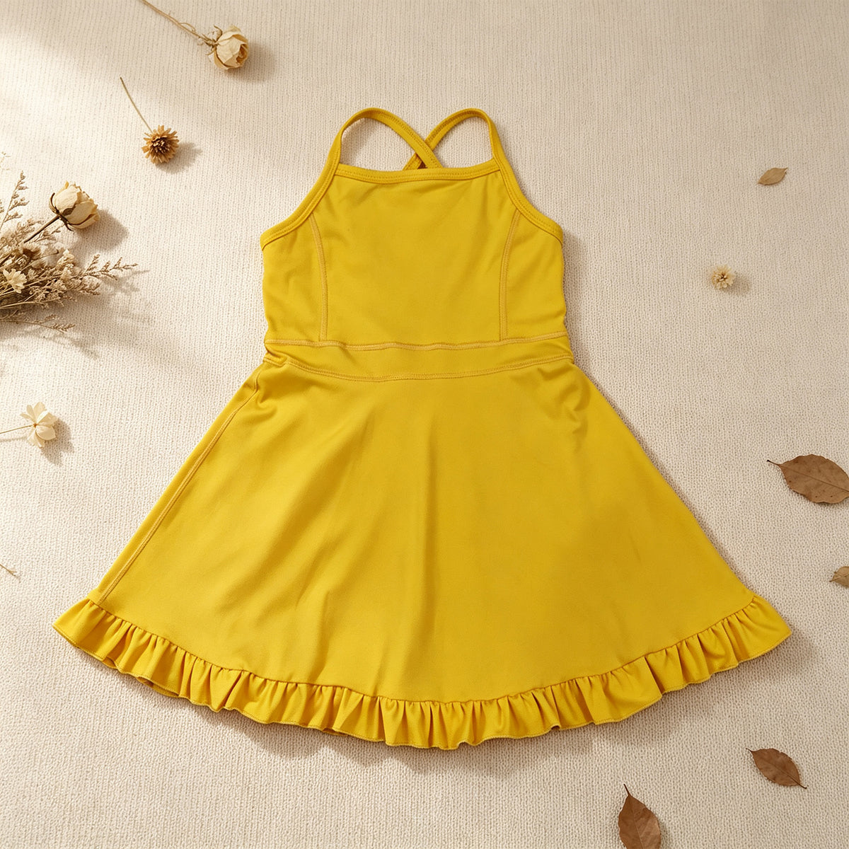 NEW RTS NO MOQ yoga fabric cotton S0781 Baby Girls Yellow Knit Knee Length Active Wear Dresses Casual Wear