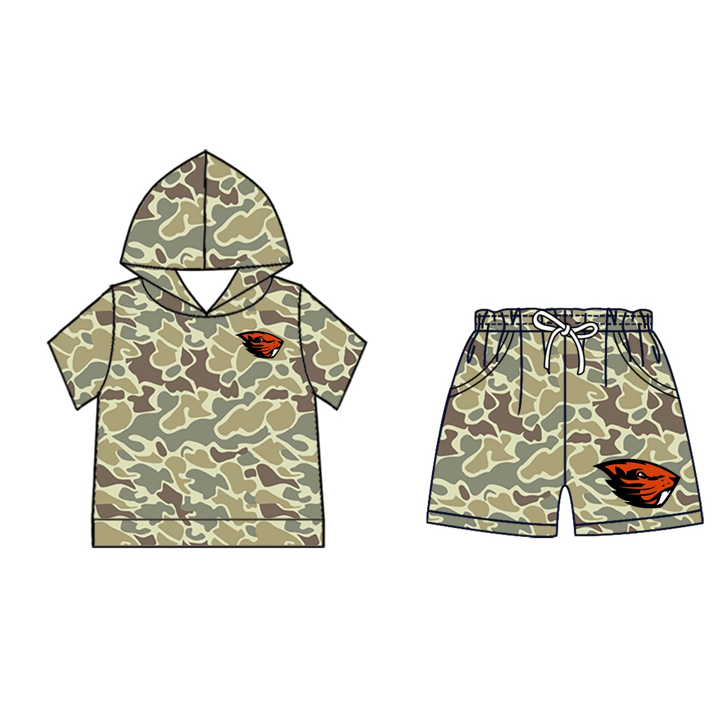 Custom moq 5 mix size milk silk summer teams Camo Hooded Short Sleeve Top Shorts Set Orange-Red Ice Cream Drips Hooded Top with Matching Shorts For Baby