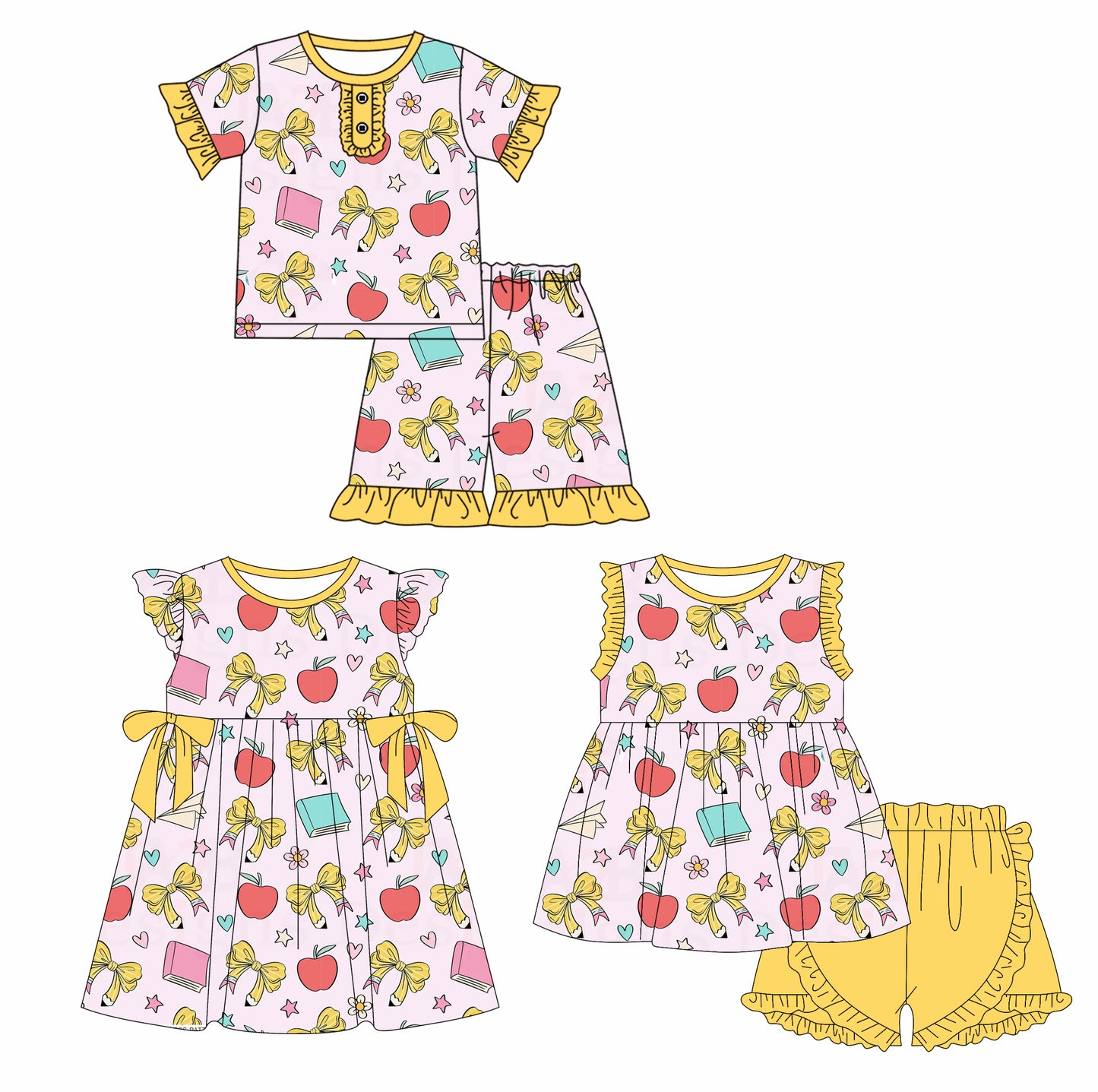 Custom moq 5 mix size Baby Girl Yellow Bow Pencil Print Short-Sleeved Dress Set Back-to-School Outfit Cute Children's Clothing Outfit for Girls