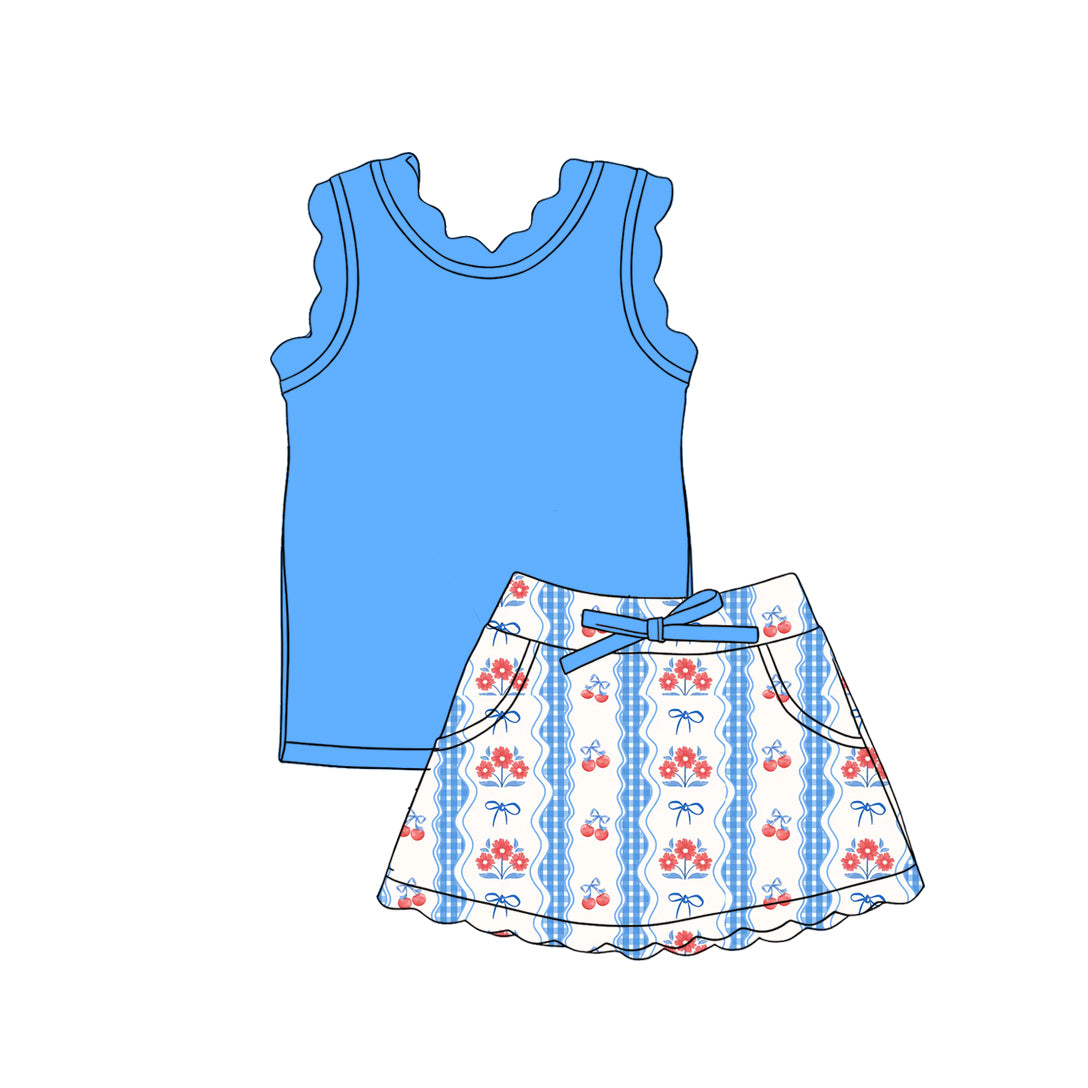 Custom moq 5 mix size Baby Girls Blue Sleeveless Top And  Skirt Yoga Outfit  Two-Piece Set for Kids