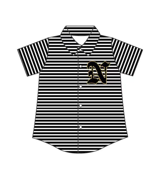 Custom moq 5 mix size milk silk summer teams Baby Boys Summer Black Stripes Short Sleeve Button Shirts Top