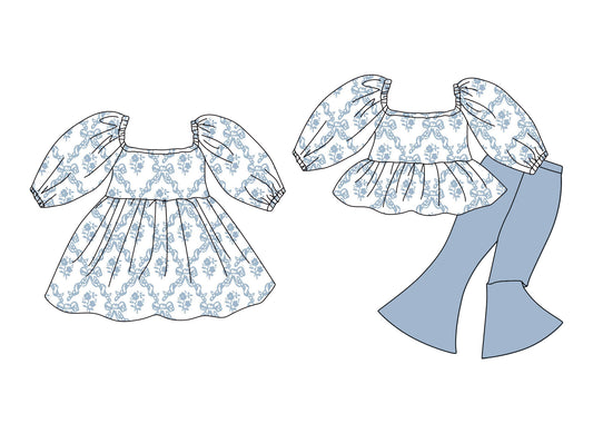 25.12.10 custom each style moq 5 eta 6-8week Sibling Sister bow floral baby short sleeve pants sets and dress match design