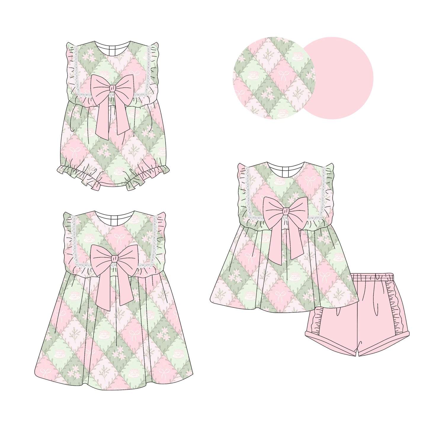 25.10.23 custom each style moq 5 eta 6-8week Sibling Sister floral bow baby short sleeve shorts sets and romper and dress match design