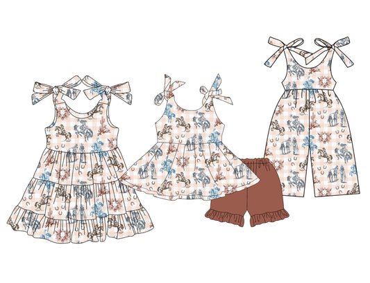 3.20 custom each style moq 5eta 4-6week Sibling Sister riding horse baby girl short sleeve shorts sets and dresses and jumpsuit match design