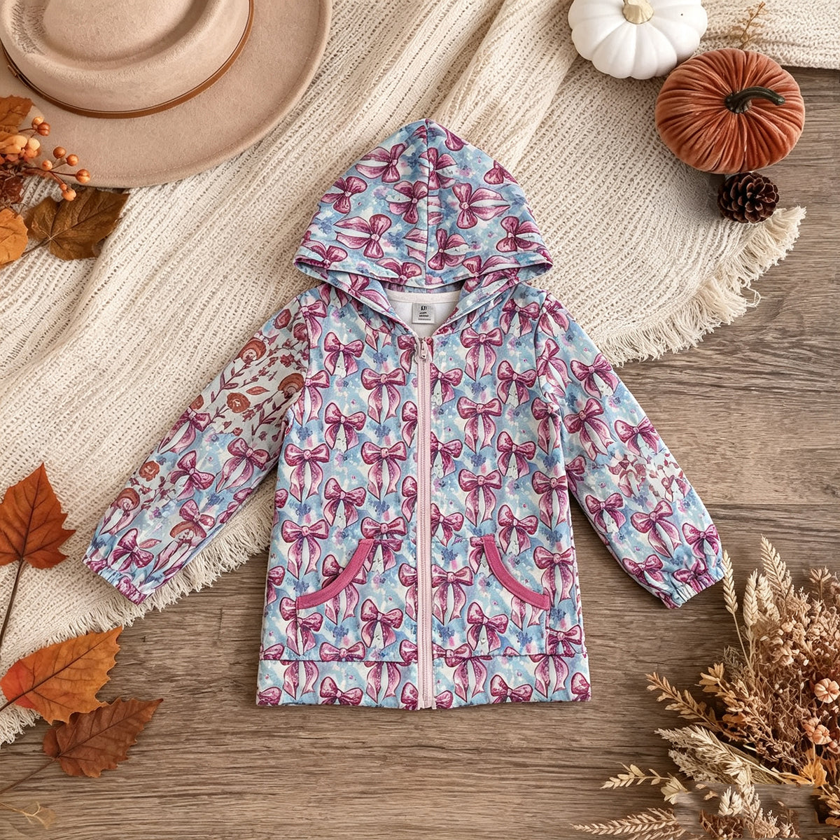 NEW RTS NO MOQ yoga fabric GT1674 Yoga Girls Print Bows Zip Pocket Athletic Hooded Top