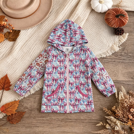 NEW RTS NO MOQ yoga fabric GT1674 Yoga Girls Print Bows Zip Pocket Athletic Hooded Top