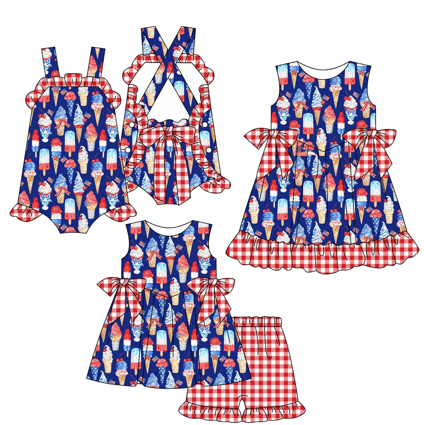 3.5 custom each style moq 5eta 4-6week Sibling Sister ice cream baby girl short sleeve shorts sets and dress and rompers match family design