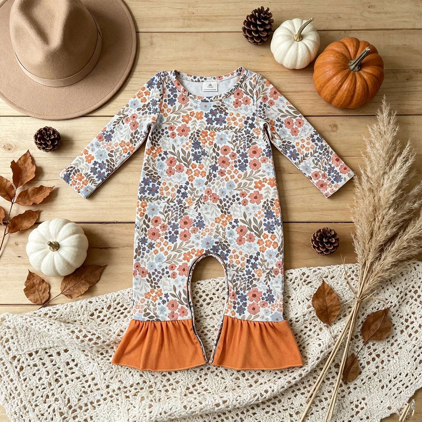RTS No moq milk silk  LR3027 Baby Girls Long Sleeve Colorful Flowers Fall Ruffle Pant Rompers