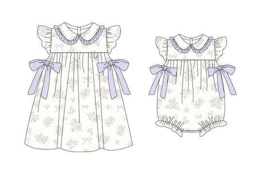 25.11.6 custom each style moq 5 eta 6-8week Sibling Sister floral bow baby short sleeve romper and dress match design