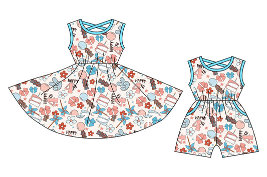 3.12 custom each style moq 5eta 4-6week Sibling Sister bow baby girl short sleeve dresses and jumpsuit match design