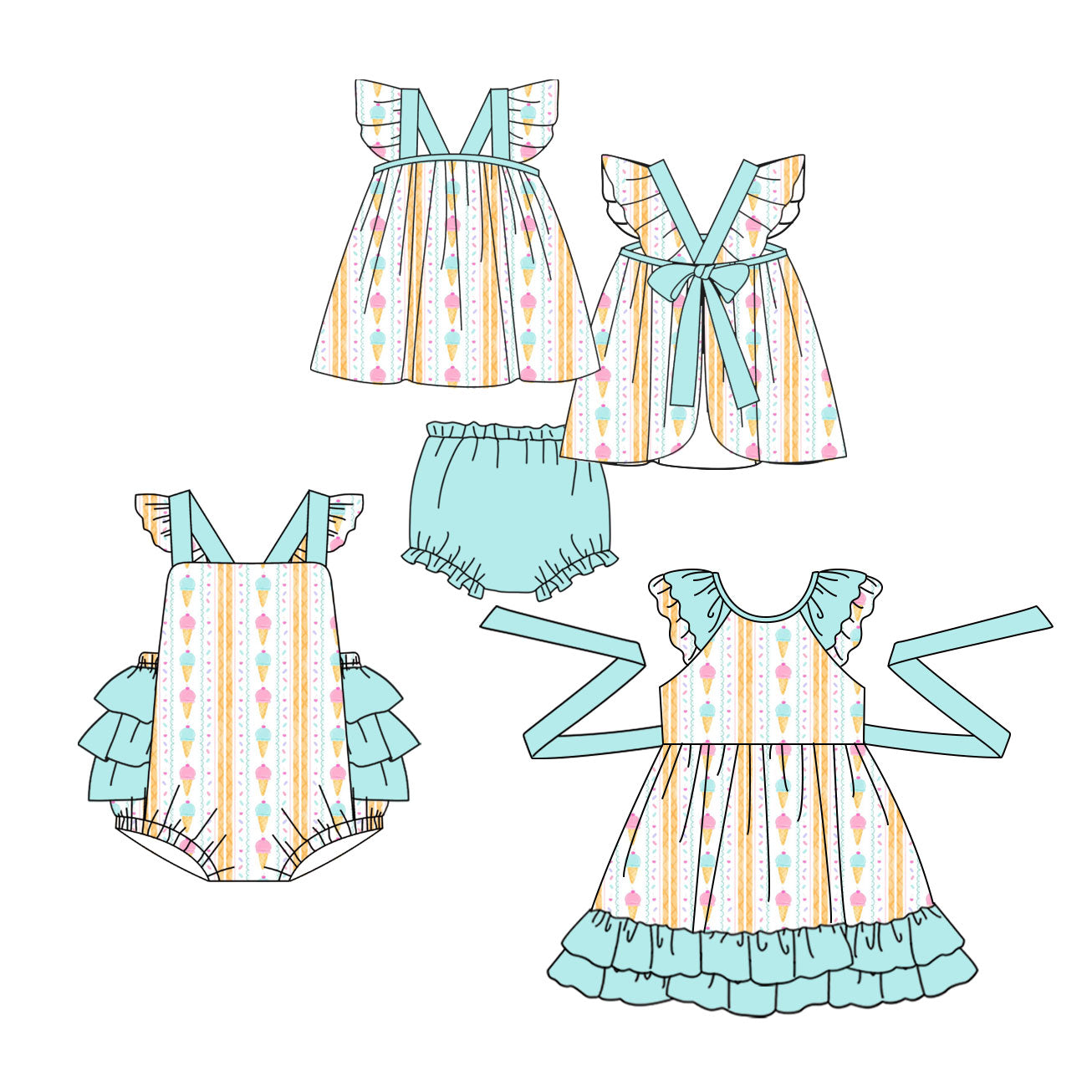 3.30 Custom moq 5 mix size Sibling Baby Girl's Stripe Flutter Sleeve Top Bummie sets Cute Romper Dress for Summer