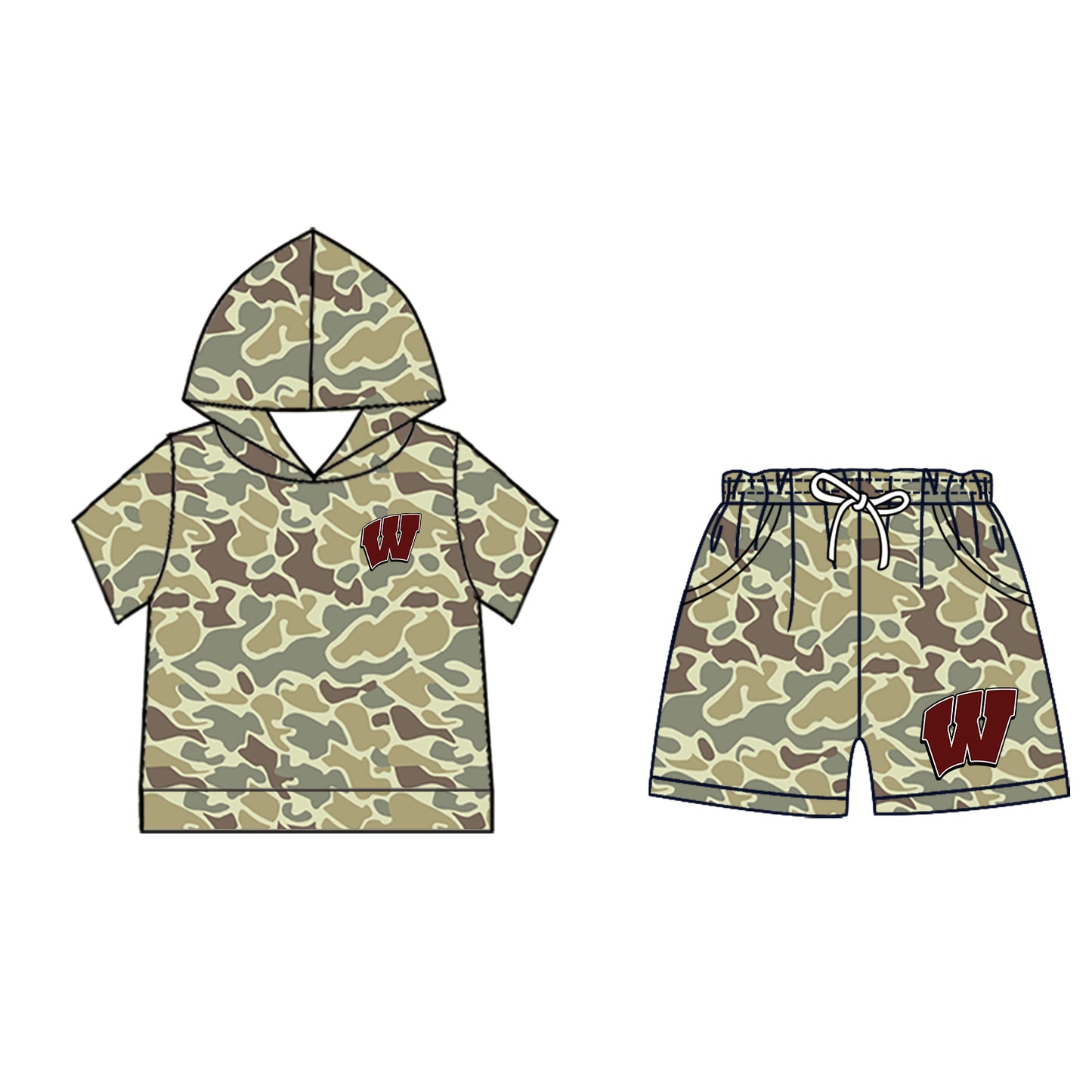 Custom moq 5 mix size milk silk summer teams Baby Camo Hooded Short Sleeve Top and Shorts Set Ice Cream Drips Dark Red Hooded Top with Matching Shorts