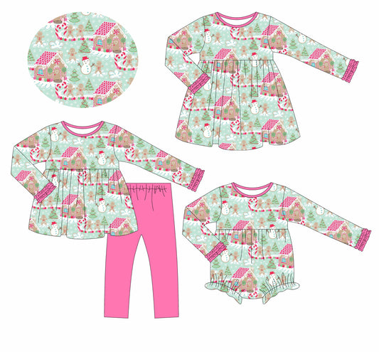 25.6.12 custom each style moq 5eta 4-6week Sibling Sisters Christmas house pink baby girl long sleeve pants sets and dress and rompers match family design