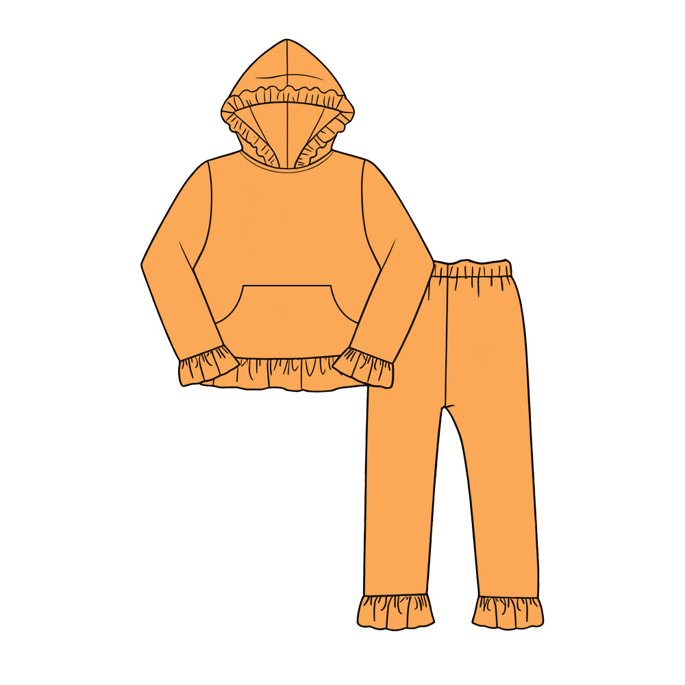 Custom moq 5 girls  Blank Cotton Light Orange Ruffled Hooded Long Sleeve Pants Set